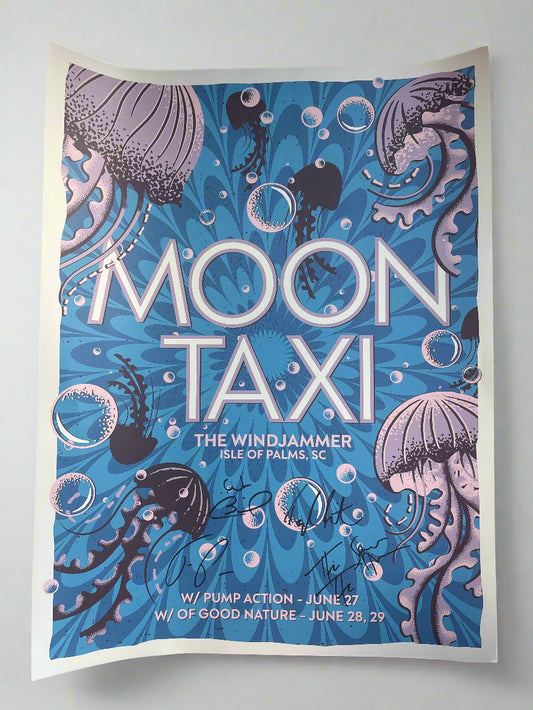 Poster for 'Moon Taxi' event with sea-themed graphics on a wooden floor.